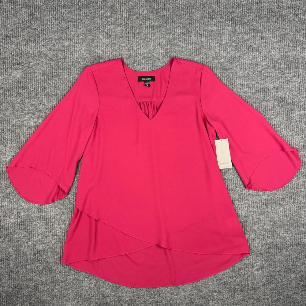Karen Kane Blouse Womens M Pink Bell Sleeve Crossover Hem Work Chic Contemporary
